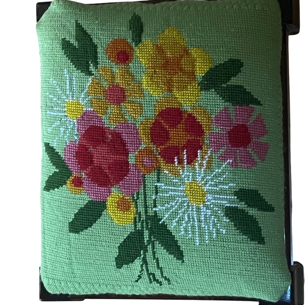 Vintage Needlepoint Footstool Floral Wood Cabriole Legs Queen Anne Green Brown - Picture 2 of 11